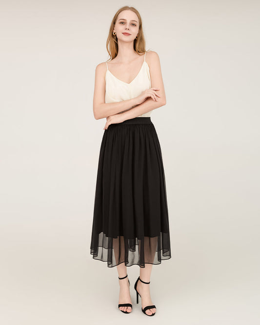 Black Silk Midi Skirt with Tulle Layer