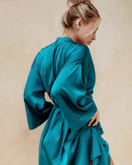 Knee-Length Silk Robe Peacock Blue