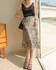 Leopard Print 100% Silk Midi Skirts