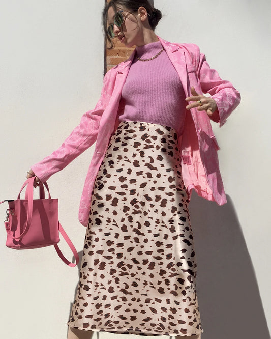 Leopard Print 100% Silk Midi Skirts Pink Leopard Print