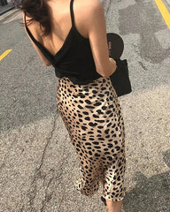 Leopard Print 100% Silk Midi Skirts Gold Leopard Print