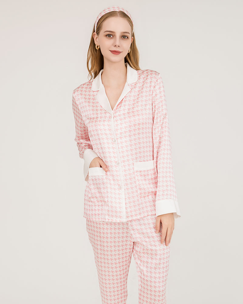Houndstooth Silk Pajamas with Swarovski Buttons Pink