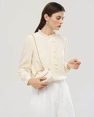 Long Sleeve Silk Blouse with Ruffle Trim