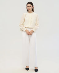 Long Sleeve Silk Blouse with Ruffle Trim