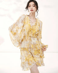 Long Sleeve Yellow Silk Mini Dress with Ruffles