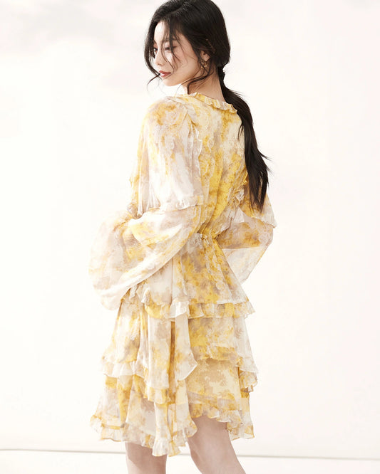 Long Sleeve Yellow Silk Mini Dress with Ruffles