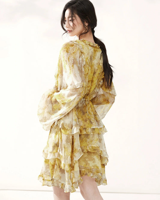 Long Sleeve Yellow Silk Mini Dress with Ruffles