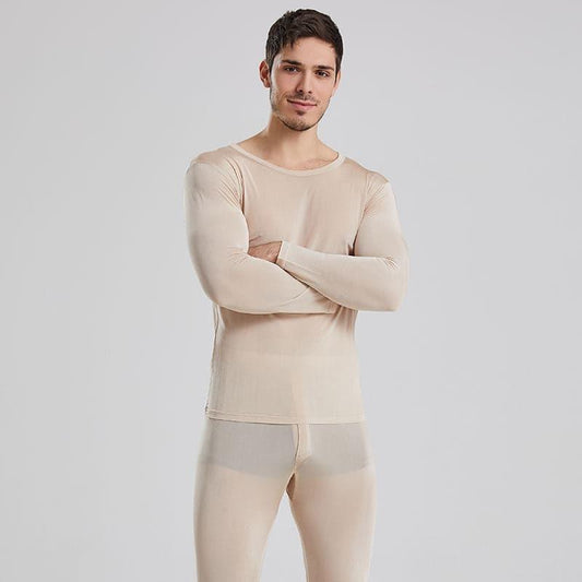 Men's 100% Silk Lightweight Thermal Underwear Set Beige