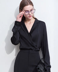 Minimalist Silk V Neck Long Sleeve Blouse
