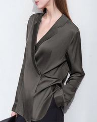 Minimalist Silk V Neck Long Sleeve Blouse