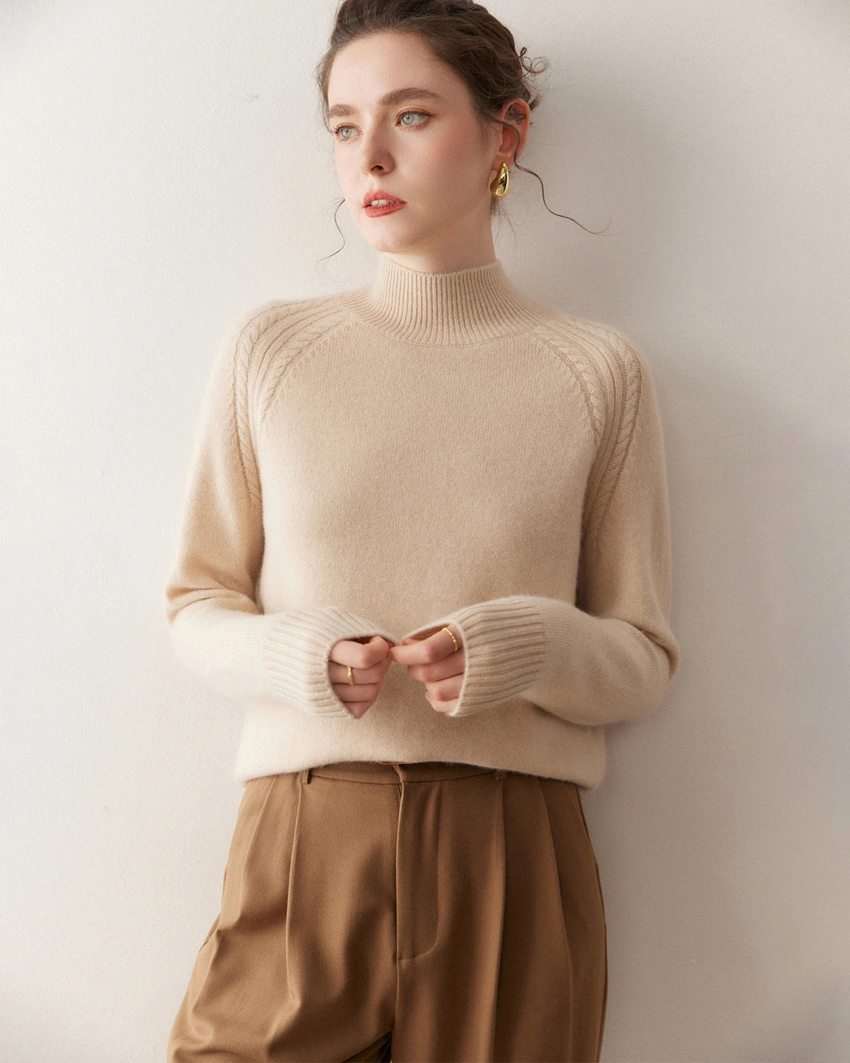 Mock Neck Cable Knit Cashmere Sweater