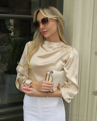 Mock Neck Silk Blouse with Pearl Button