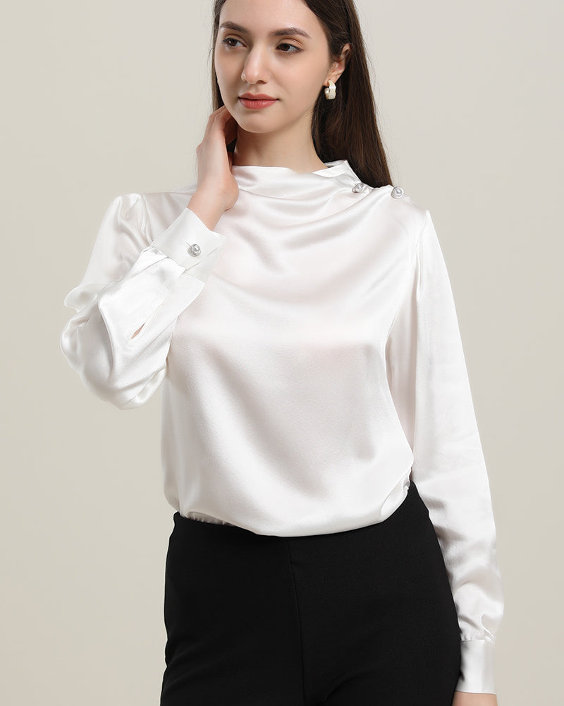 Mock Neck Silk Blouse with Pearl Button Ivory