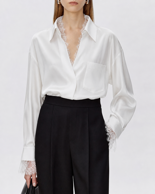 22 Momme Oversized Silk Lace Trim Shirt