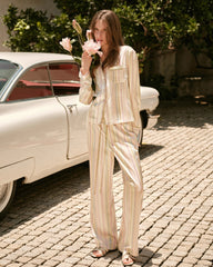 Pastel Striped Long Sleeve Silk Pajama Set for Women
