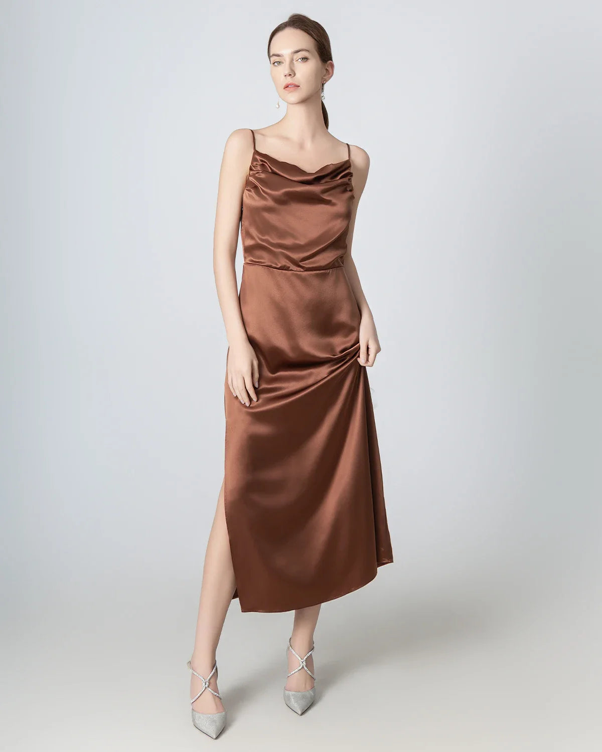 Pleated Cowl Neck Slit Maxi Silk Dress Brown