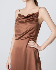 Pleated Cowl Neck Slit Maxi Silk Dress Brown
