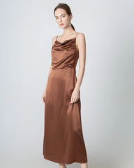 Pleated Cowl Neck Slit Maxi Silk Dress Brown