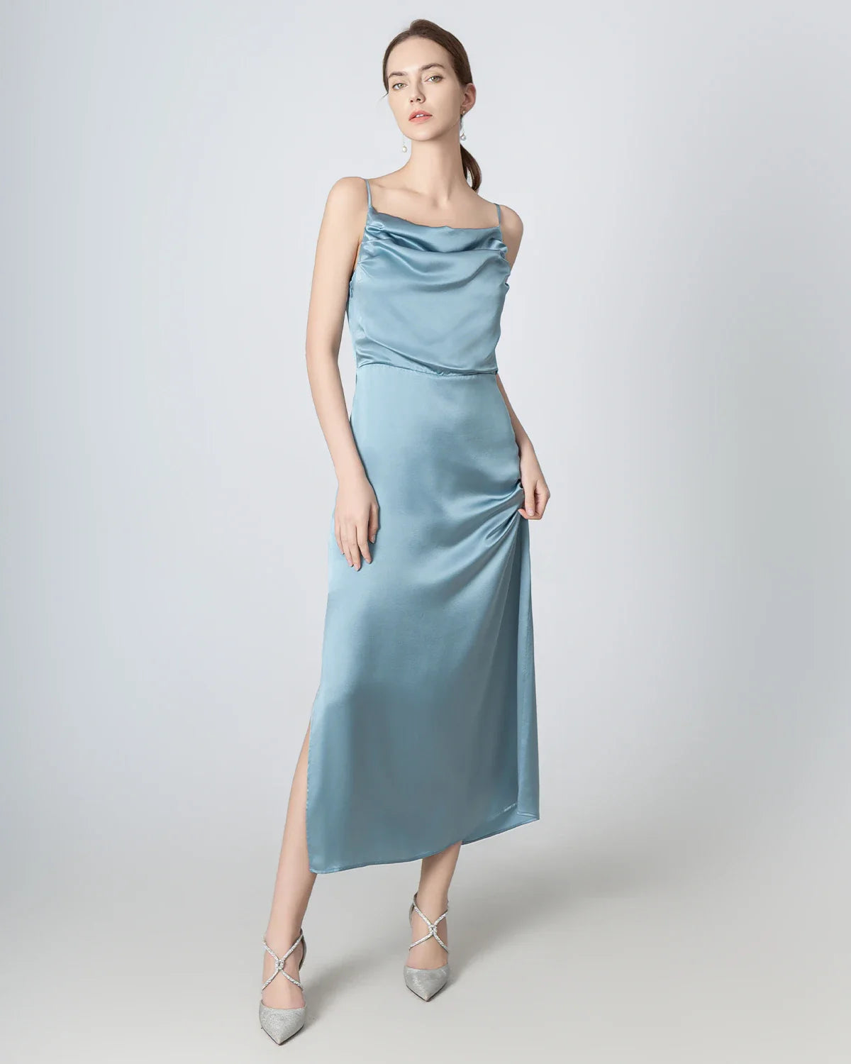 Pleated Cowl Neck Slit Maxi Silk Dress Haze Blue