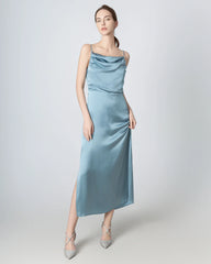 Pleated Cowl Neck Slit Maxi Silk Dress Haze Blue