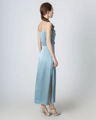 Pleated Cowl Neck Slit Maxi Silk Dress Haze Blue
