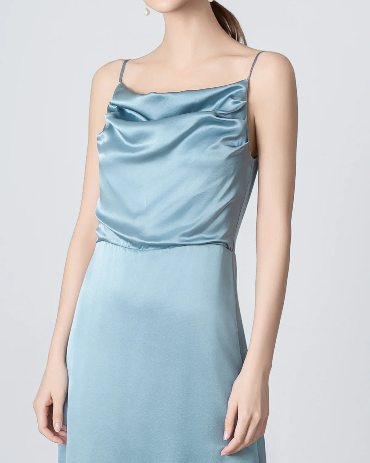 Pleated Cowl Neck Slit Maxi Silk Dress Haze Blue