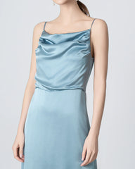 Pleated Cowl Neck Slit Maxi Silk Dress Haze Blue