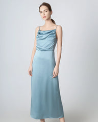Pleated Cowl Neck Slit Maxi Silk Dress Haze Blue