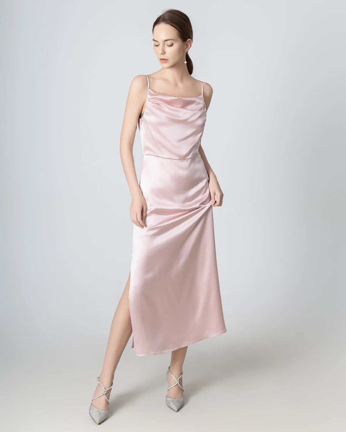 Pleated Cowl Neck Slit Maxi Silk Dress Rose Pink