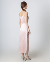 Pleated Cowl Neck Slit Maxi Silk Dress Rose Pink
