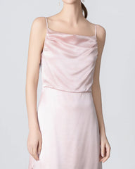 Pleated Cowl Neck Slit Maxi Silk Dress Rose Pink