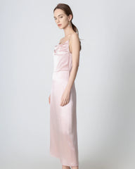 Pleated Cowl Neck Slit Maxi Silk Dress Rose Pink