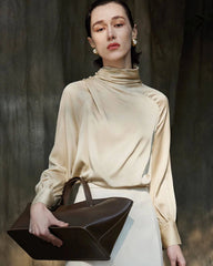 Pleated Mock Neck Silk Long Sleeve Blouse