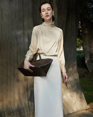 Pleated Mock Neck Silk Long Sleeve Blouse