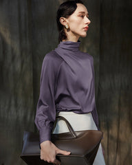 Pleated Mock Neck Silk Long Sleeve Blouse
