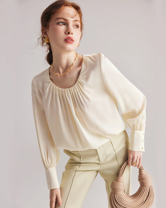 Pleated Round Neck Silk Blouse