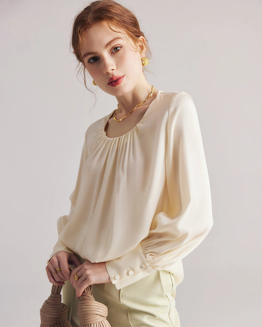 Pleated Round Neck Silk Blouse