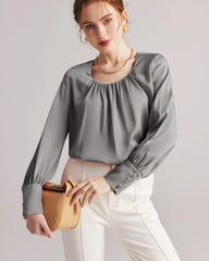 Pleated Round Neck Silk Blouse