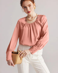 Pleated Round Neck Silk Blouse