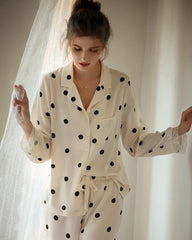 Polka Dot Lace Trim Silk Pajamas for Women