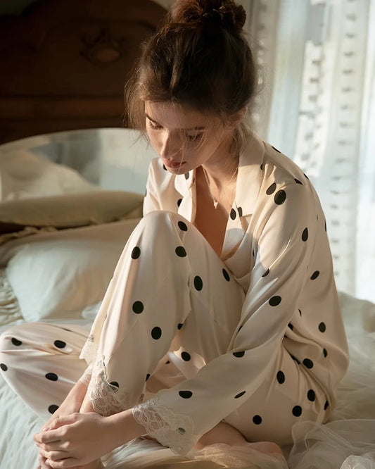Polka Dot Lace Trim Silk Pajamas for Women