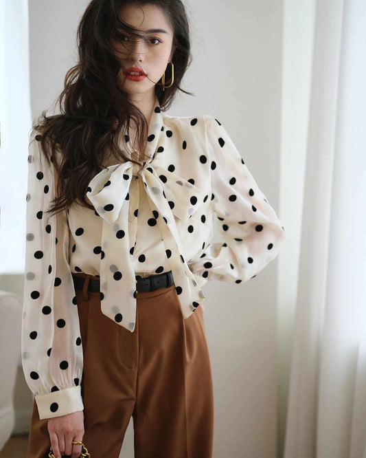 Polka Dot Tie Neck Silk Blouse