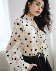 Polka Dot Tie Neck Silk Blouse