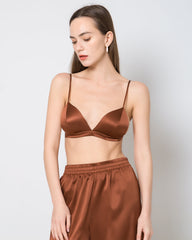 100% Silk Satin Soft Breathable Cap Wireless Bra Brown