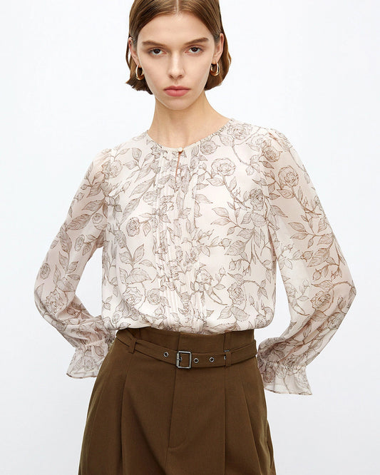 Rose Sketch Floral Silk Blouse
