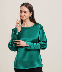 Round Collar 22 Momme Silk Blouse Dark Green