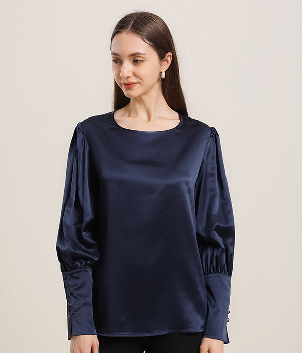 Round Collar 22 Momme Silk Blouse Navy