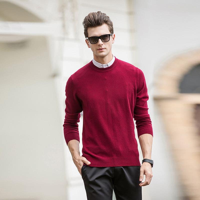 Round Neck Cashmere Sweater for Men Red