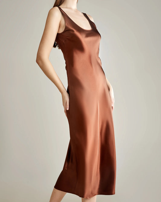 Scoop Neck Midi Silk Slip Dress Brown