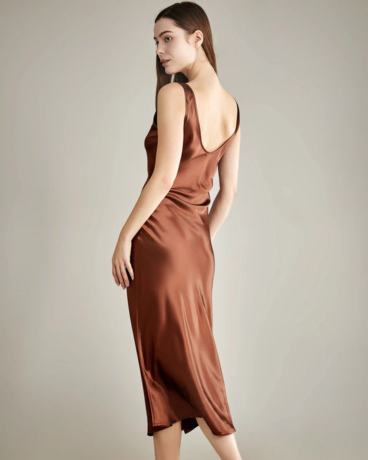 Scoop Neck Midi Silk Slip Dress Brown